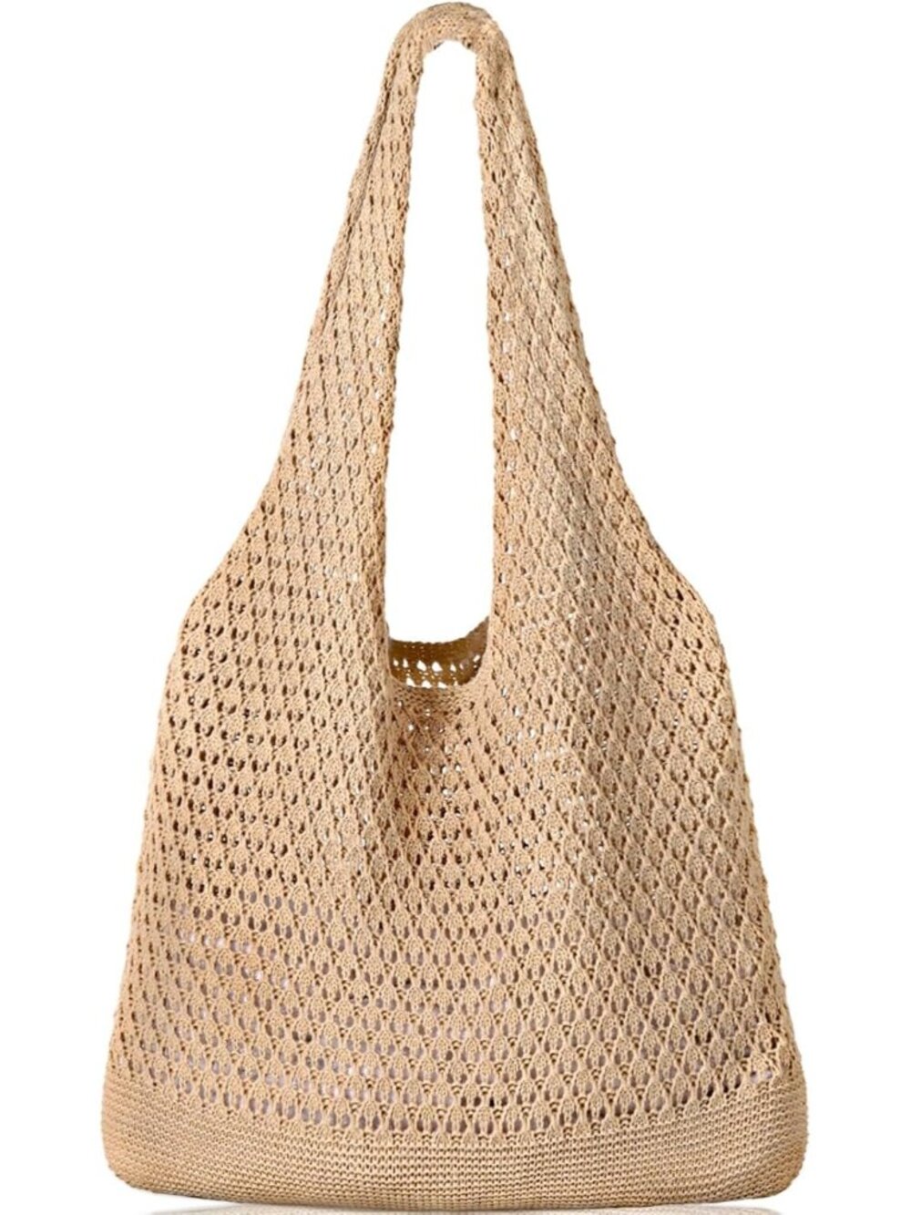 Women's Khaki Crochet Beach Mesh Tote Bag Shoulder Lightweight Shopping Handbag
